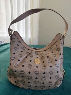 MCM Beige Visetos Hobo with Black Monogram Print